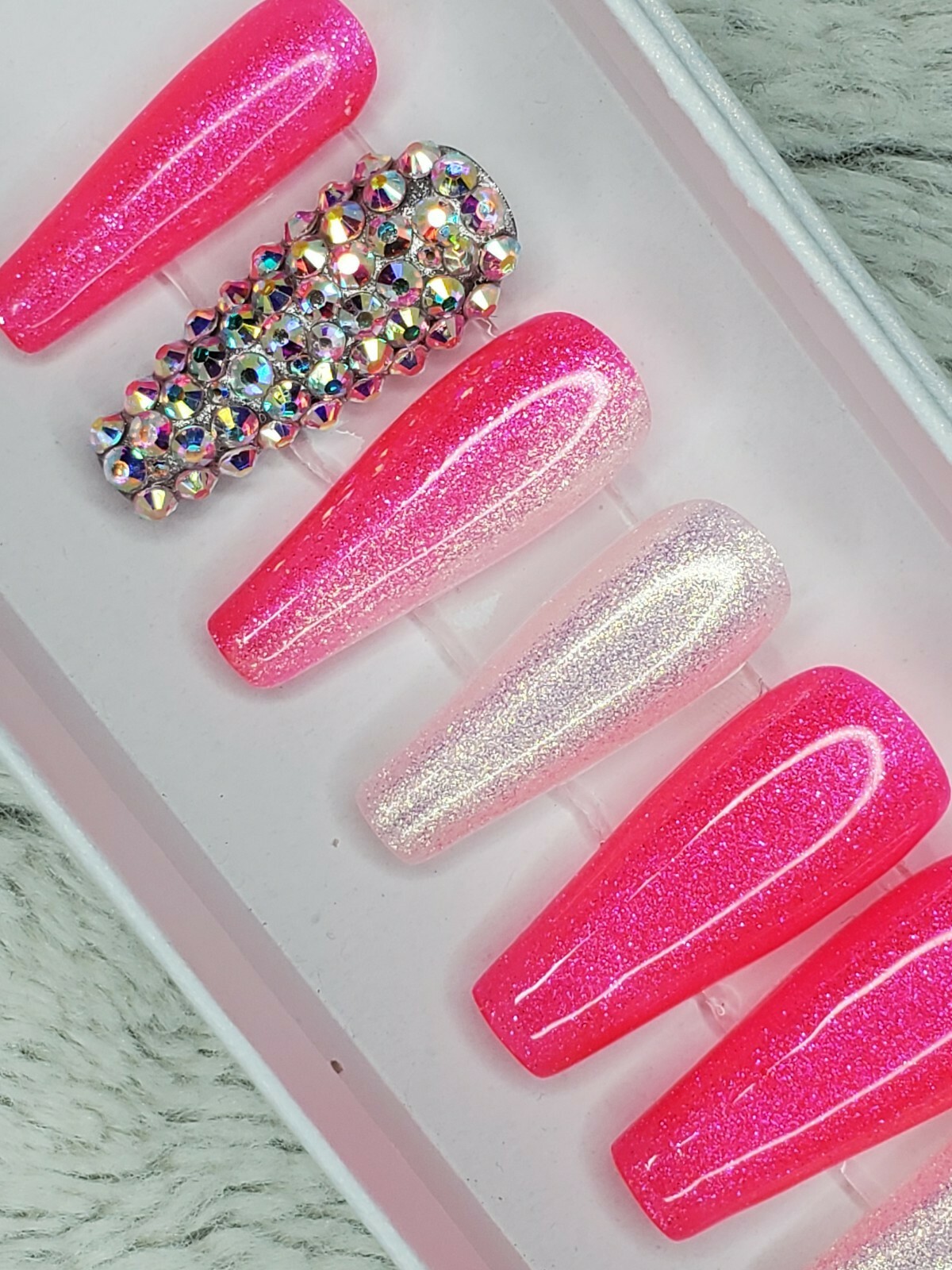 Neon hot pink Bling glitter long ballerina diamond press on nails barbie ombre