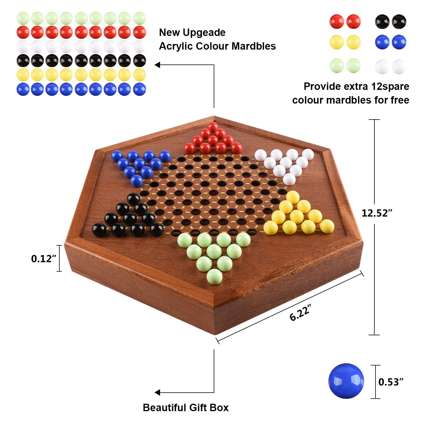 Wooden Chinese Checkers with Drawers 12 Bonus 12.7 x 11 x 1.6 inches, Brown
