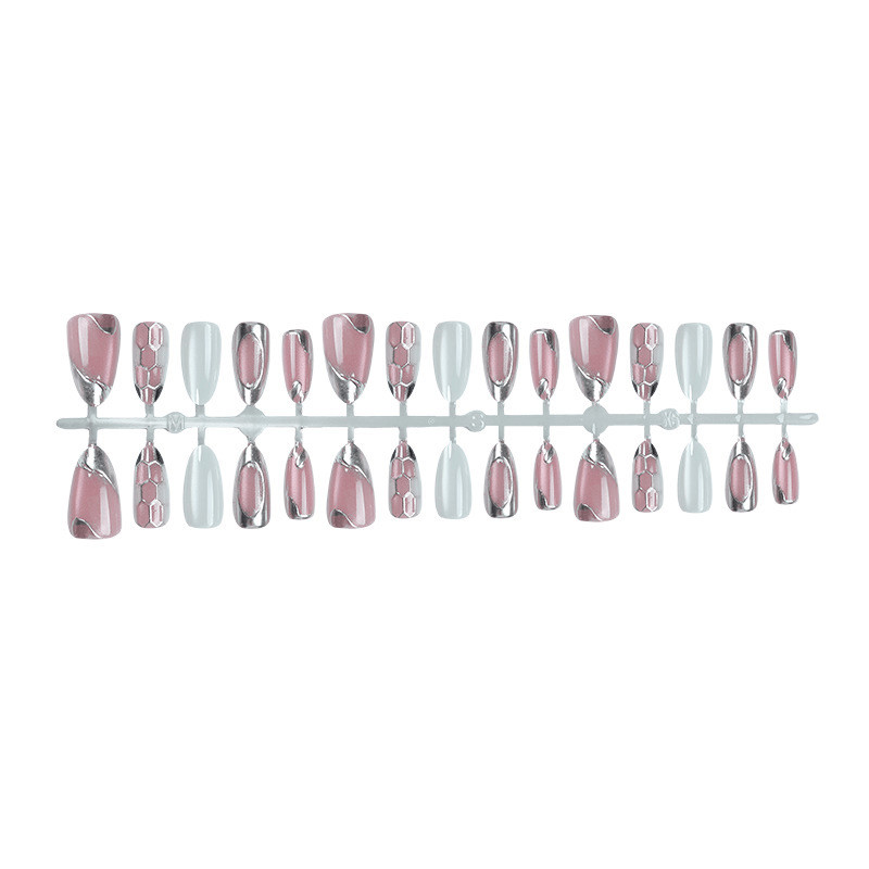 60pcs Almond Press on Nails, Pink White Nails with Silver French Tip Pattern