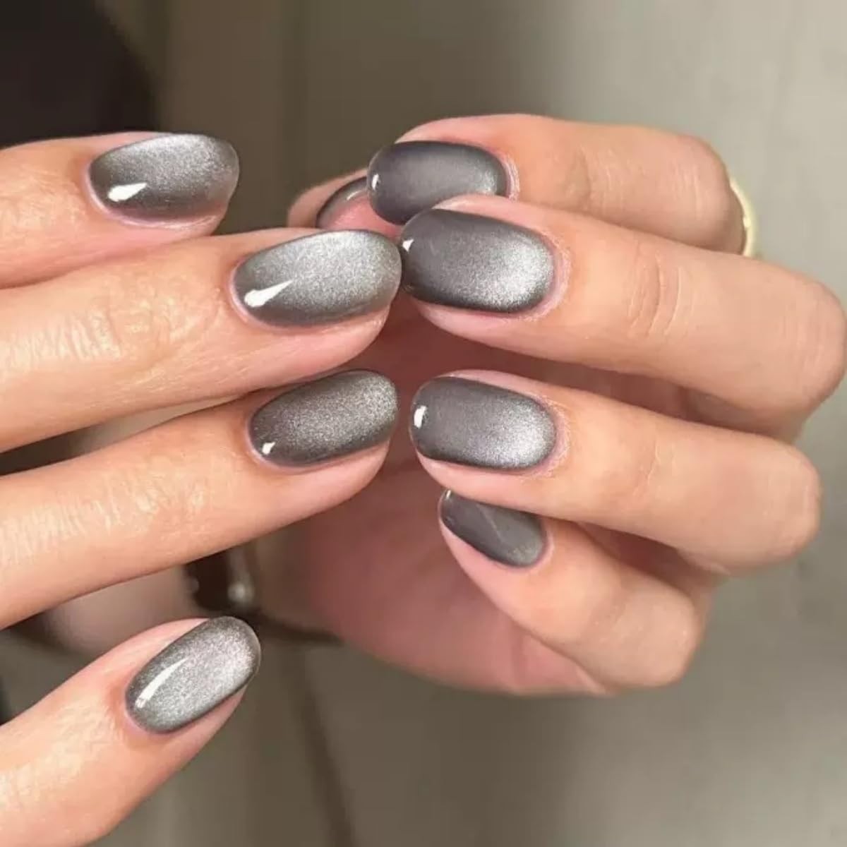 Gray Cat Eye Press On Nails Short Oval Fake Nails Solid Color Design Nails Pr…