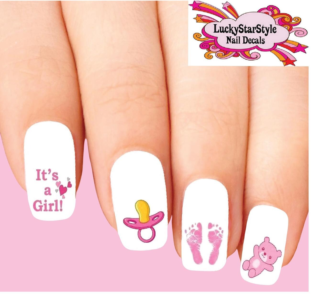Waterslide Nail Decals Set of 20 – Baby Girl Pink Footprints Teddy Bear Assorted
