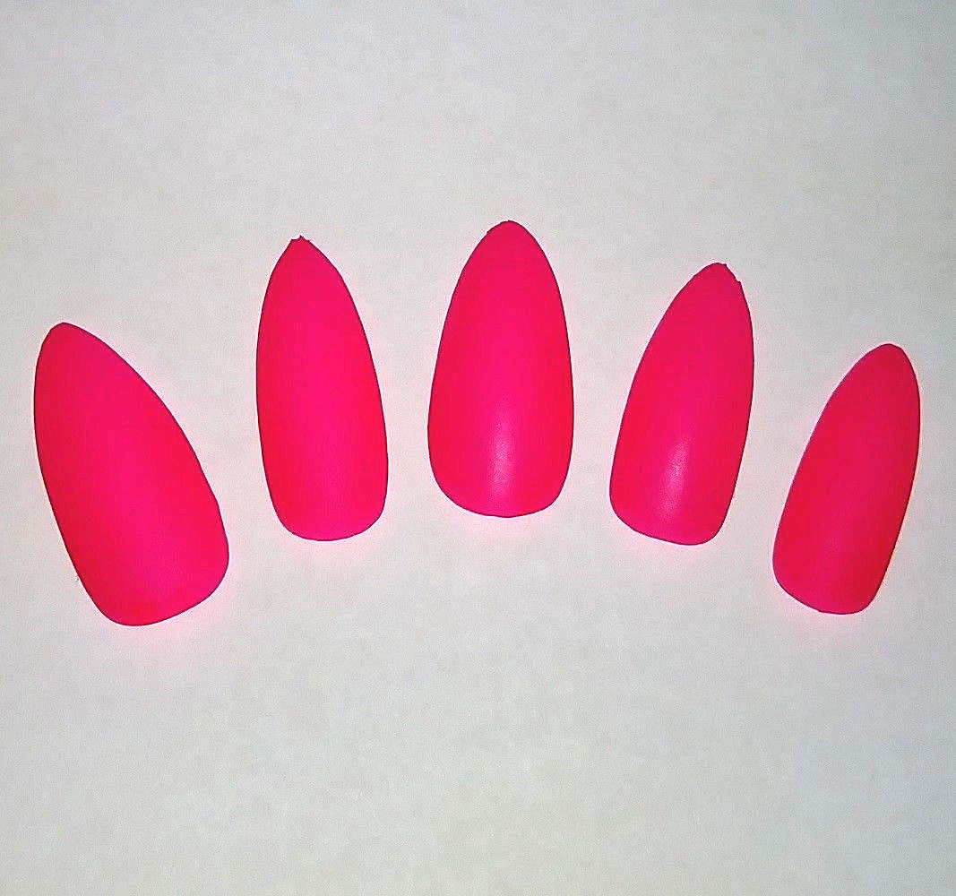 Matte or Glossy Neon Pink Almond Press On Nails Set Fluorescent Handmade