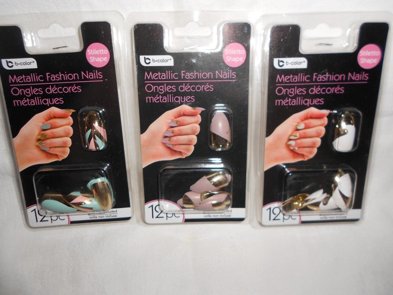 Lot 3 B-Color Metallic Fashion Nails Set Gold Plus 12 each pack Glue on New