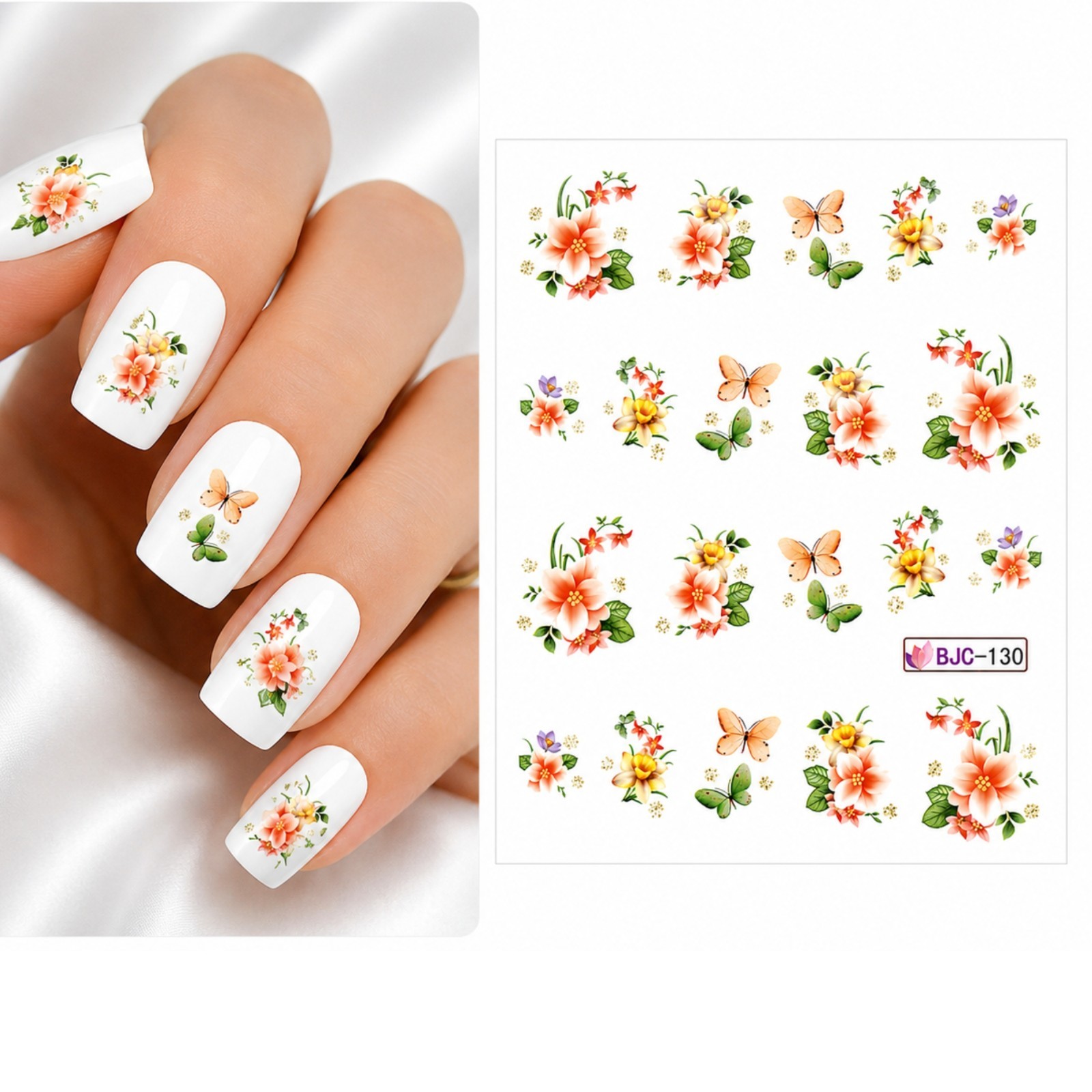 Orange Butterfly Flower Nail Decal Water Transfer Botanical Floral Manicure Art