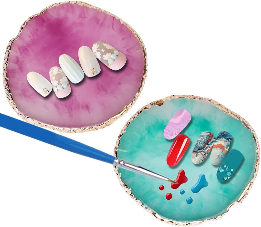 2 Pcs Resin Nail Art Palette, Nails Art Painting Palettes Gold Edge Nail Holder