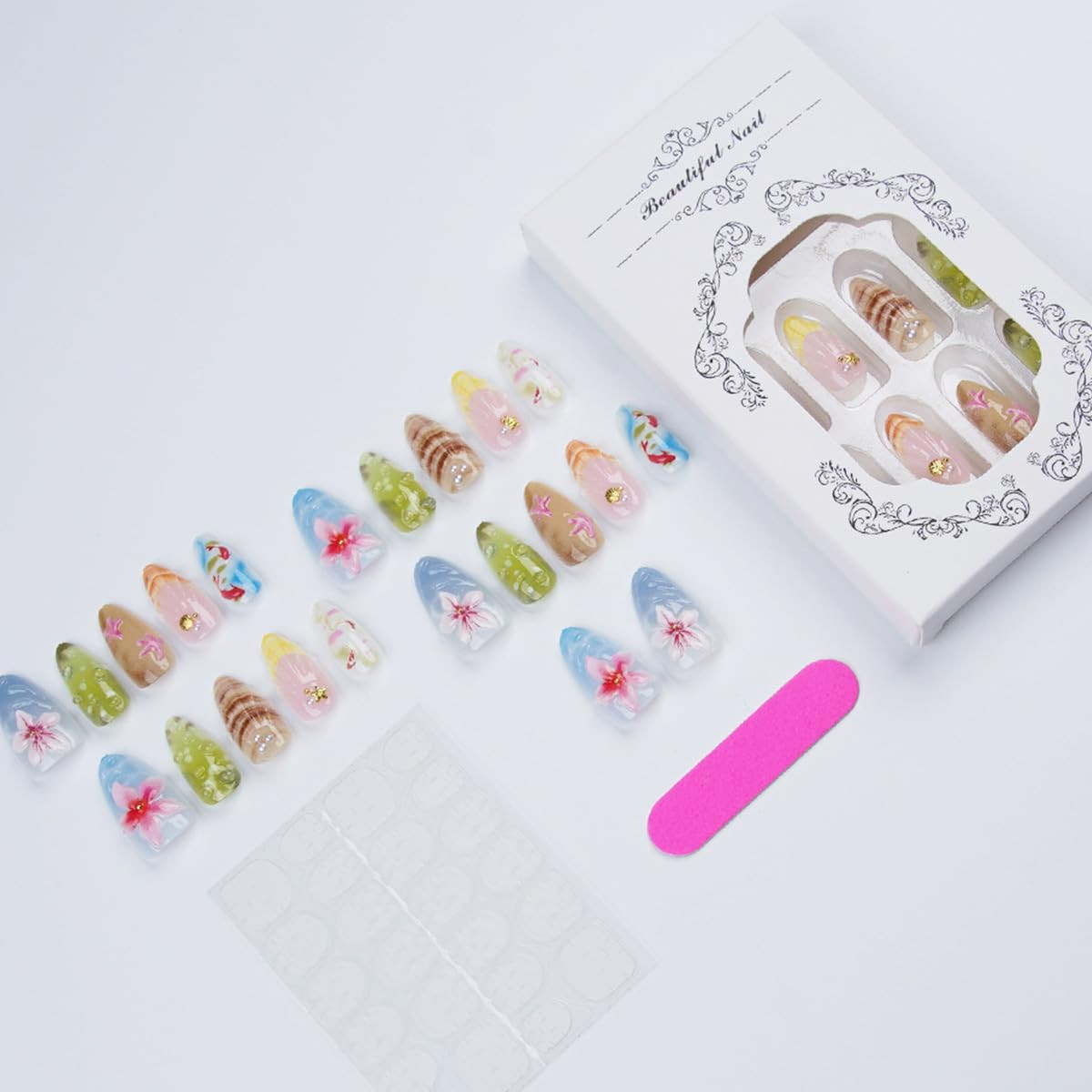 30Pcs Summer Press on Nails Medium Almond French Tip Fake Nails 3D Gold Shell Rh