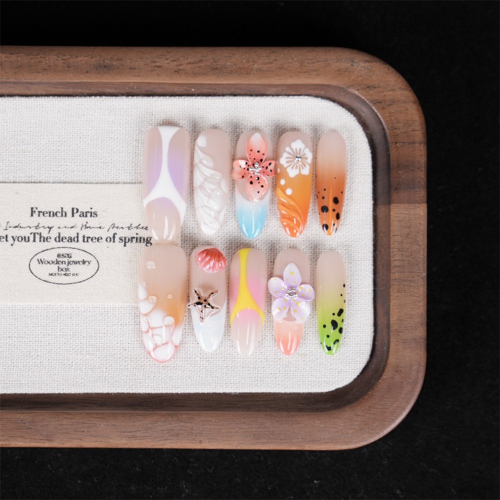 Handmade Summer Ocean Floral Press on Nails Shell Starfish Glossy Fake Nails