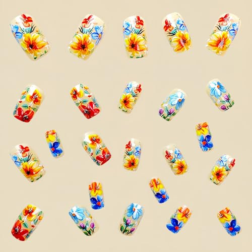 24 Pcs Flower Press on Nails Square Fake Nails Spring Summer False Style-A11