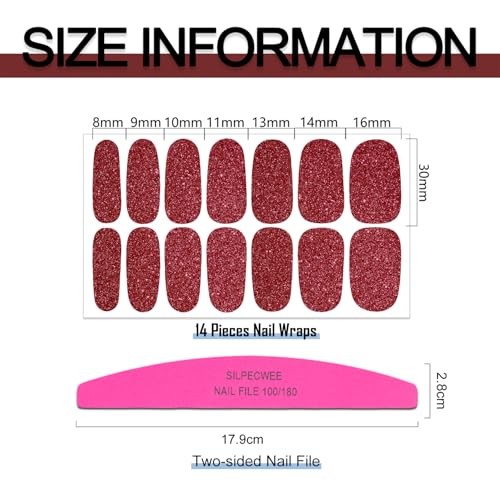 8 Sheets Nail Stickers Full Nail Wraps (), Self Adhesive Red Solid & Glitter