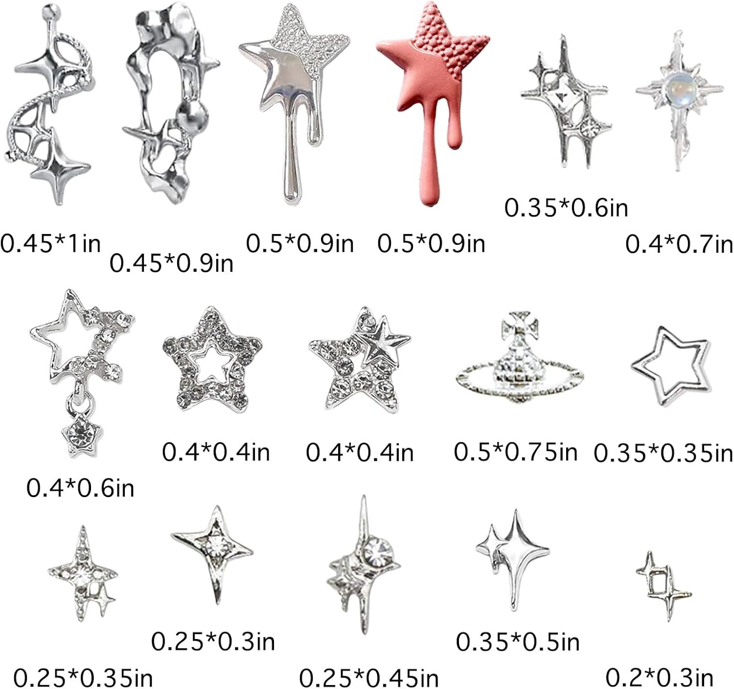 “124PCS Star 3D Nail Charms for Acrylic Nails, Silver Nail Gems Alloy Starburst