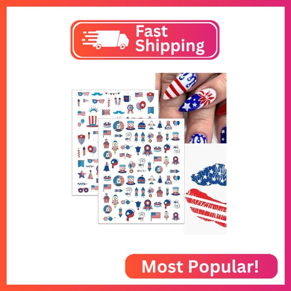 4th of July Nail Art Stickers 8 Sheets 3D Self-Adhesive Patriotic Nail Stickers