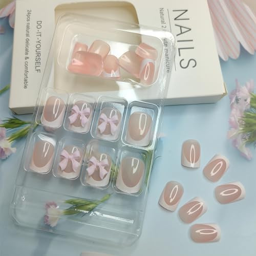 24Pcs BMKKOT Short Press on Nails White French Tip Fake Nails Pink Full Cover