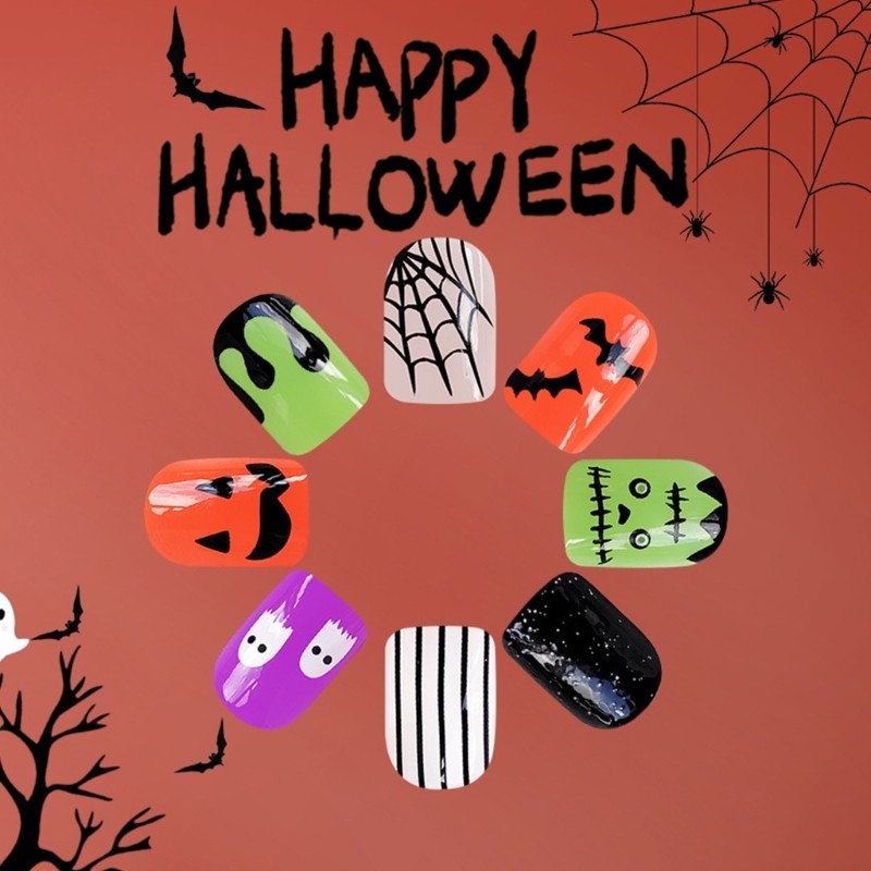 24Pieces Halloween Artificial Tips Cobweb Bat Pattern Short Square Press
