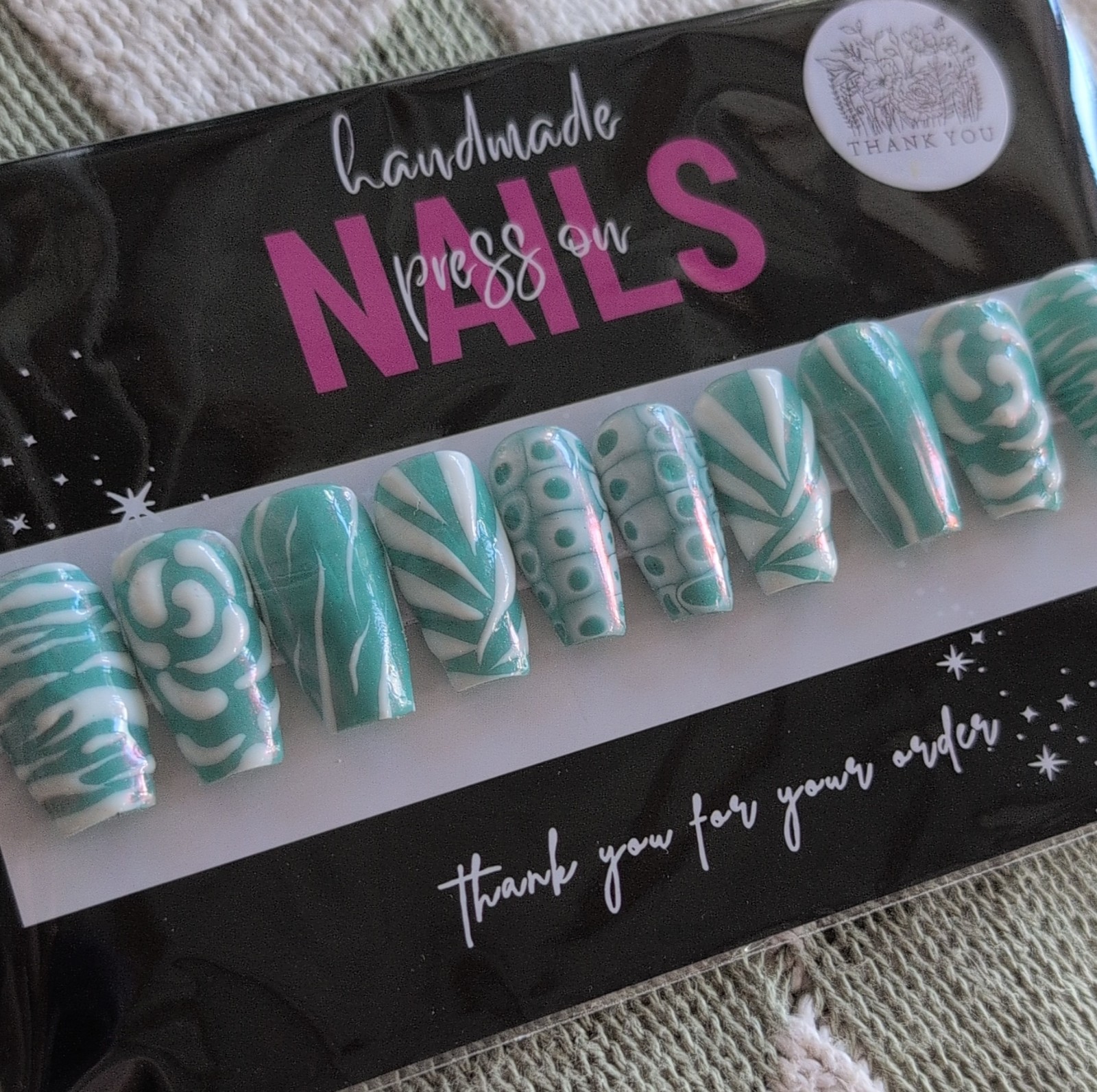 Homemade Press-On Nails Handmade Coffin Green White Sized XL
