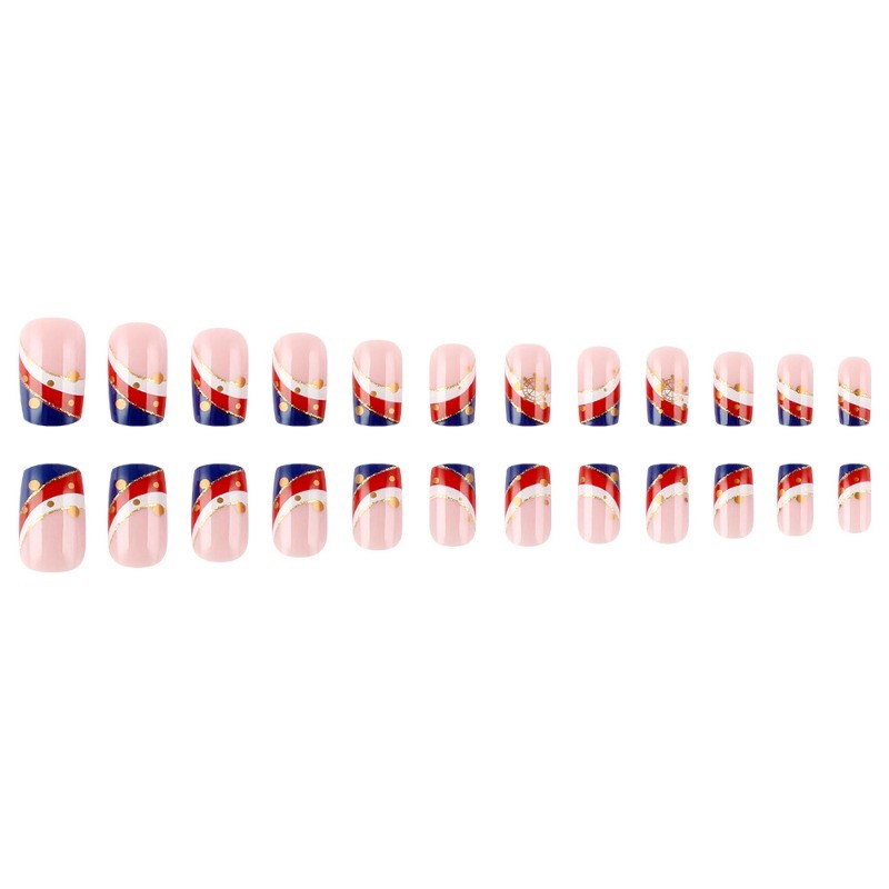 48pcs-Ocean-themed Nails, Press on Square with Red, White, Blue and Gold Accents
