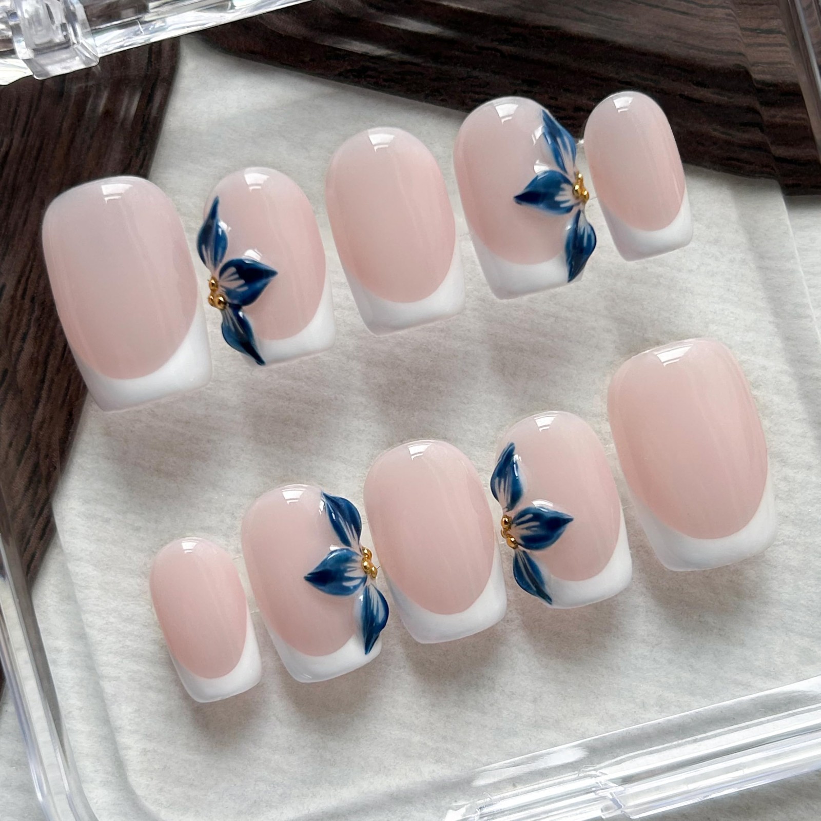 3D Handmade Press On Nails – Short Square French Tip Fake Nails, Blue Flowers, 1