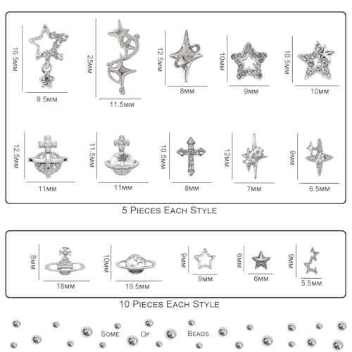 120+ Pcs Star Nail Charms Inlaid Rhinestones Gems Star Planet Cross Nail Silver