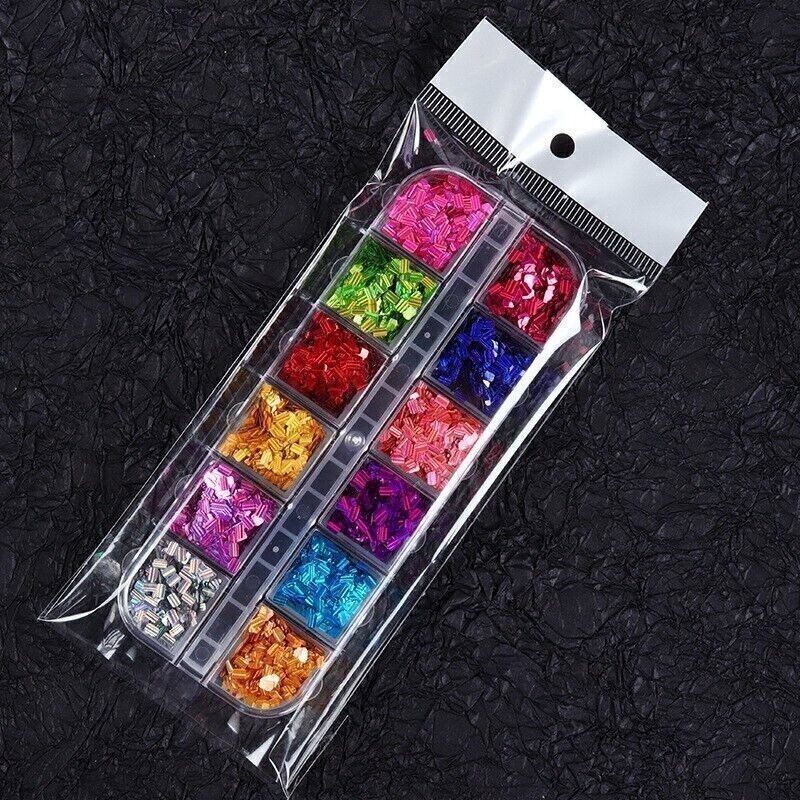 12 Grids Rectangle Nail sequins Glitter Flakes Slices False Nail Art Tips Decor