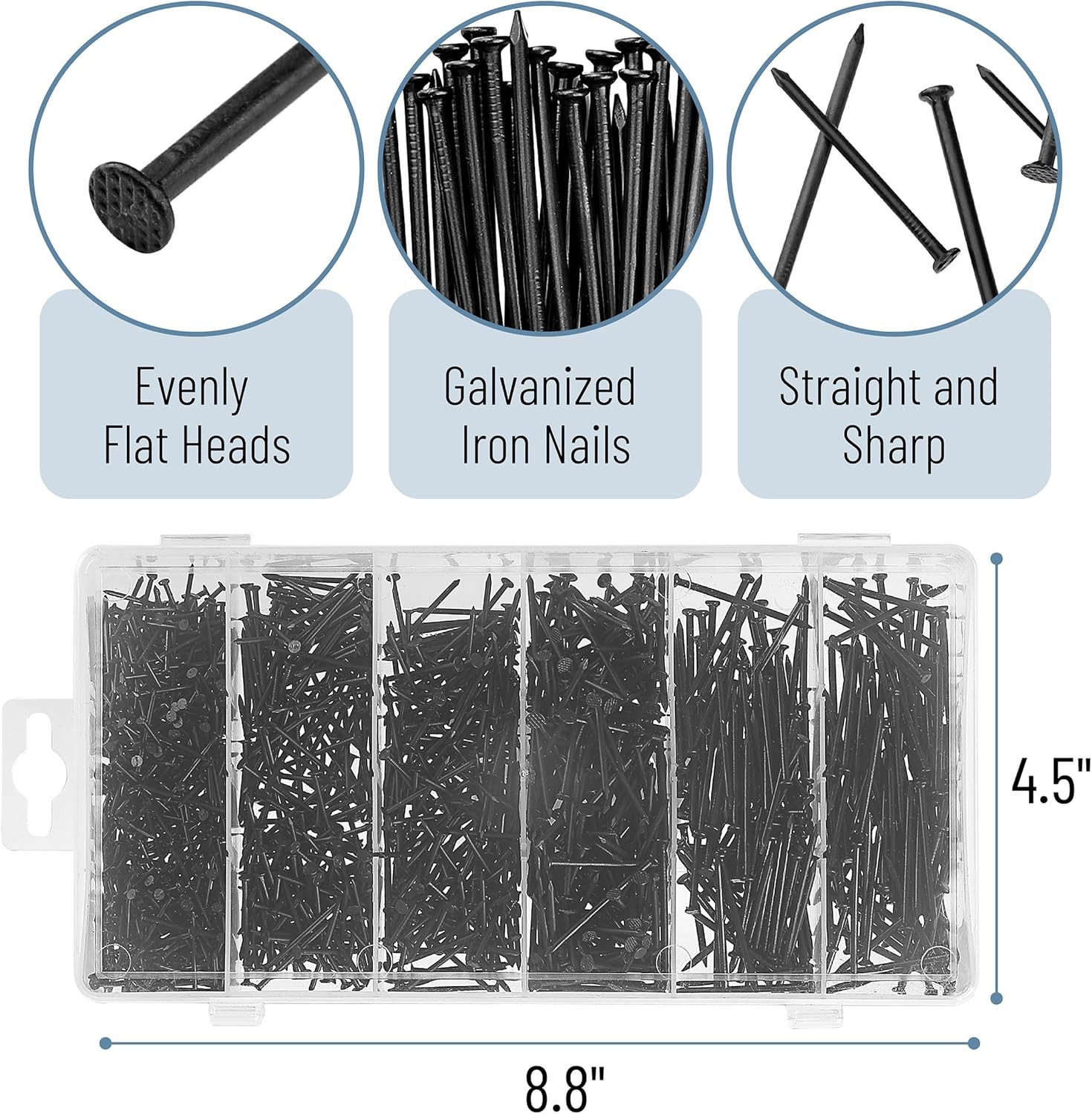 – Nail Assortment Kit, 1200 Pcs, 4 Sizes, Black, Small Nails for Hanging Picture