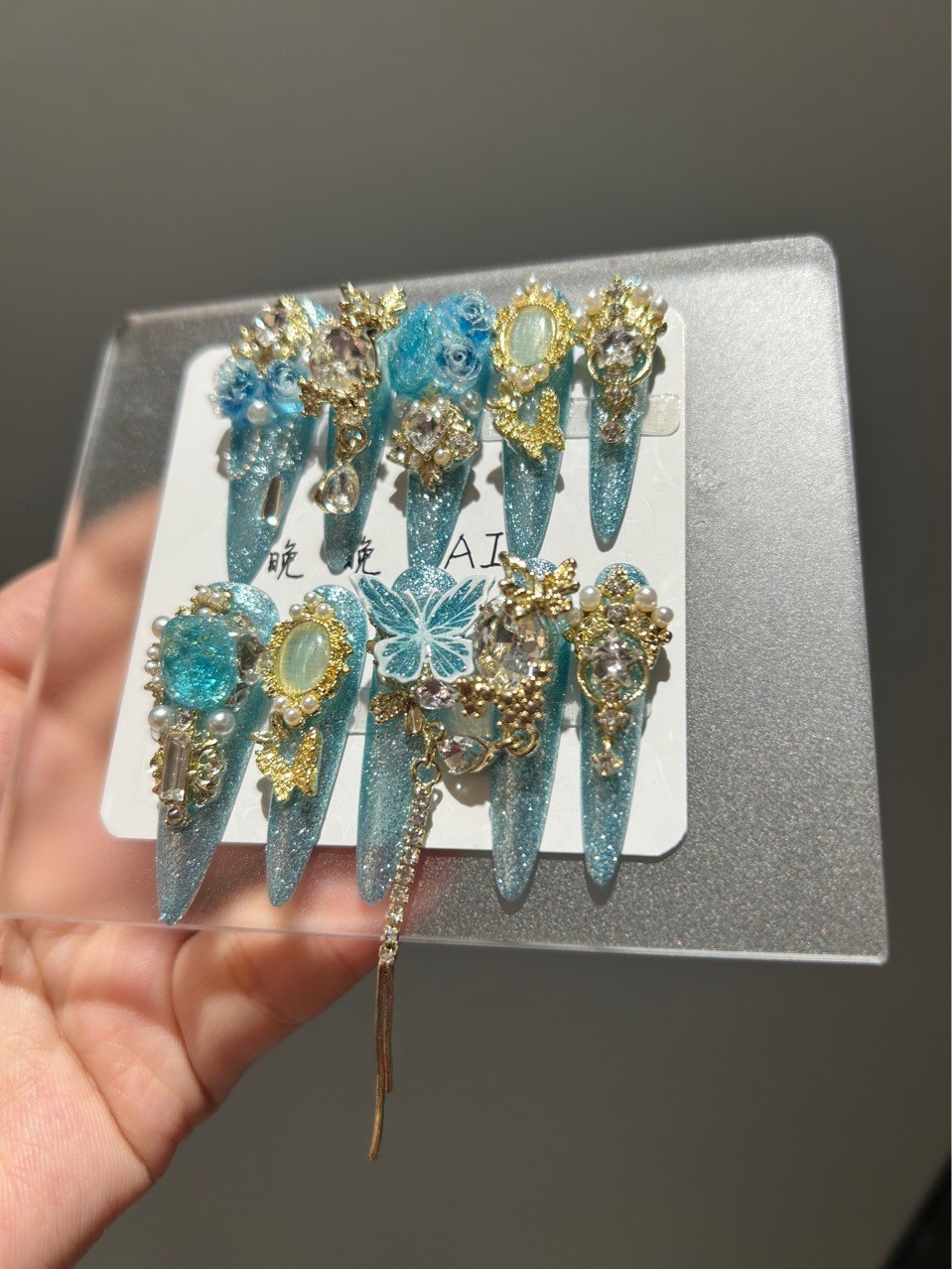 Blue Rose Luxury 3D Carved Cat Eye Press On Nails