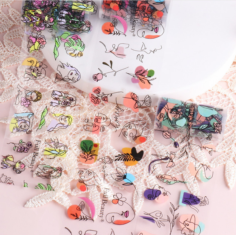 10Rolls Foil Stickers Abstract Face Line Leaf Nail Art Transfer Paper Wrap Decor