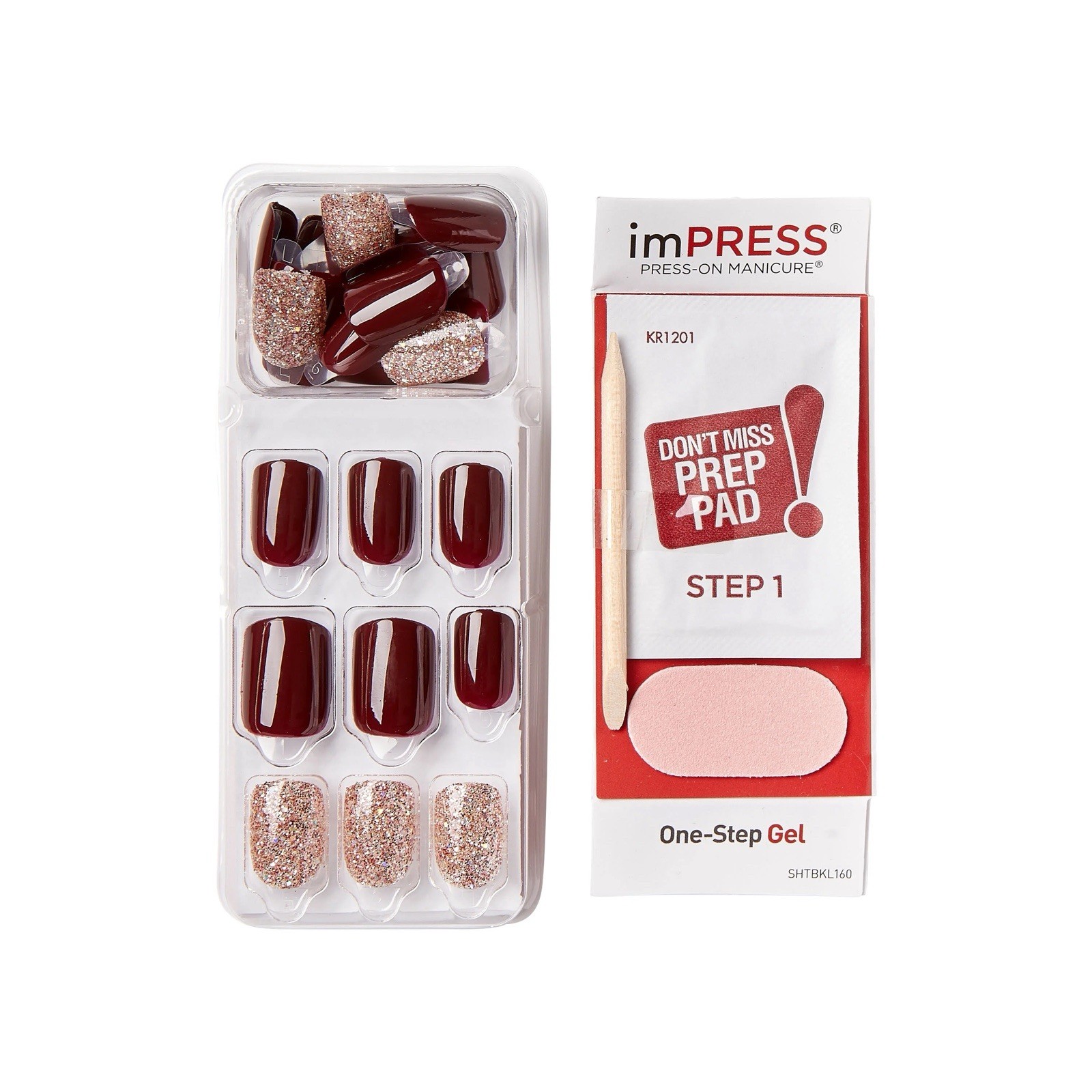 Kiss imPRESS Press-On Nails Manicure Short Dark Burgundy Gold Glitter Lot Of 2