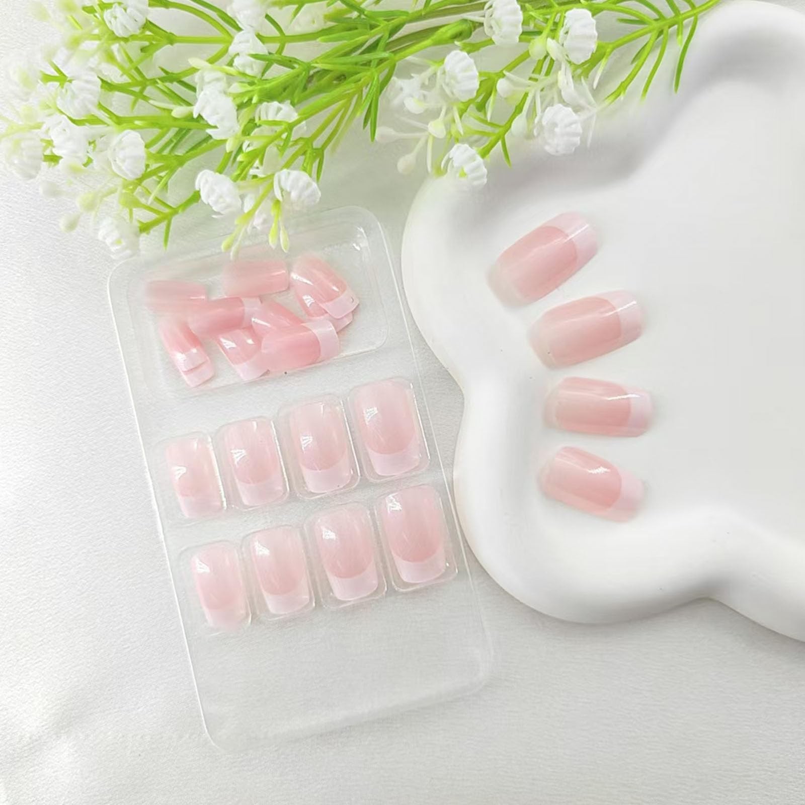 Medium Press on Nails Square White French Tip False Medium, Light Pink