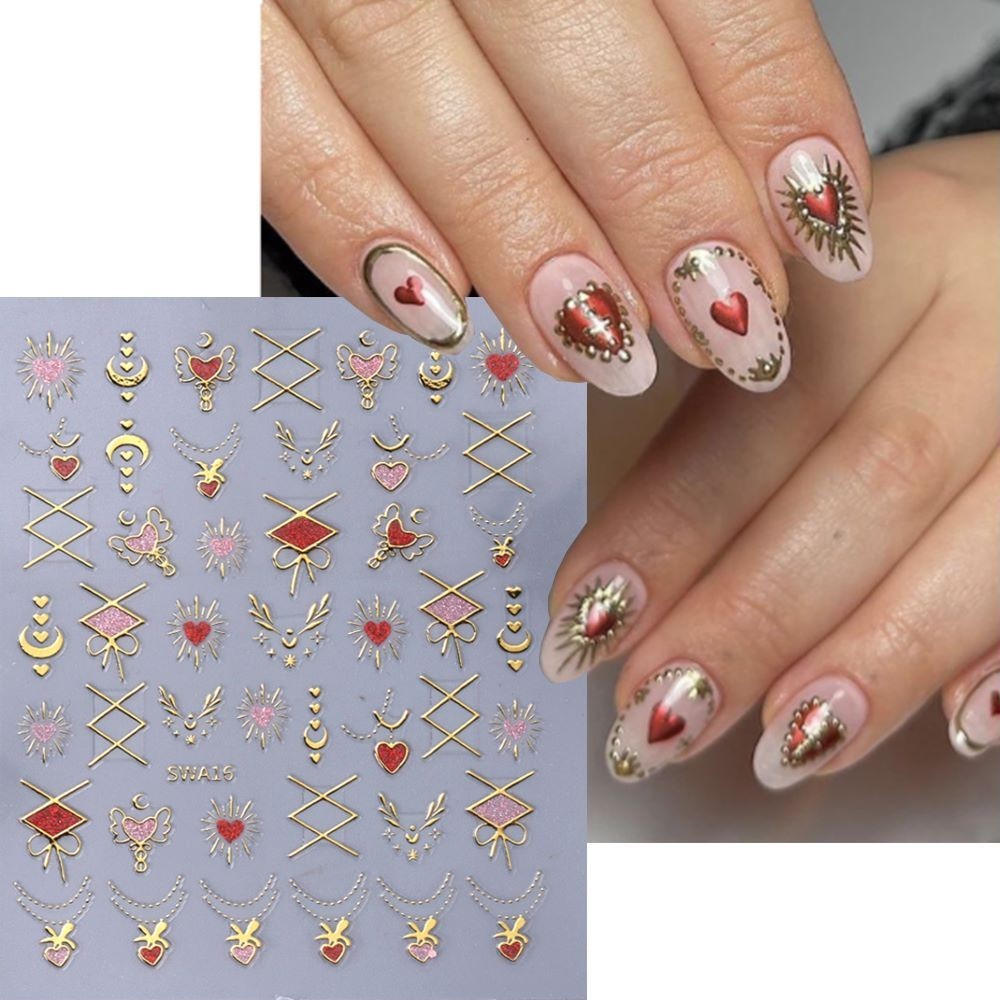 Geometric Shape Diamond Nail Art Stickers Red Hearts Star Gold Silver 2 Colors
