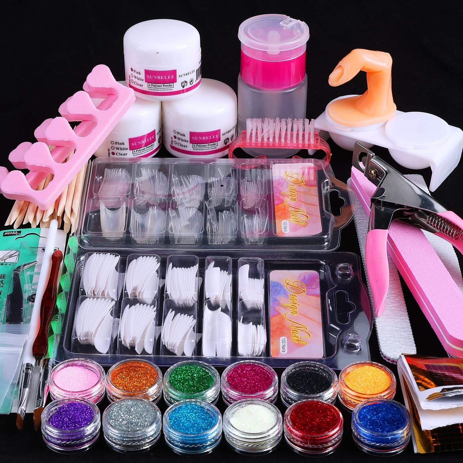 Acrylic Nail Kit for Beginners – DIY Nail Extension Set, 3 Colors & 12 Glitter P
