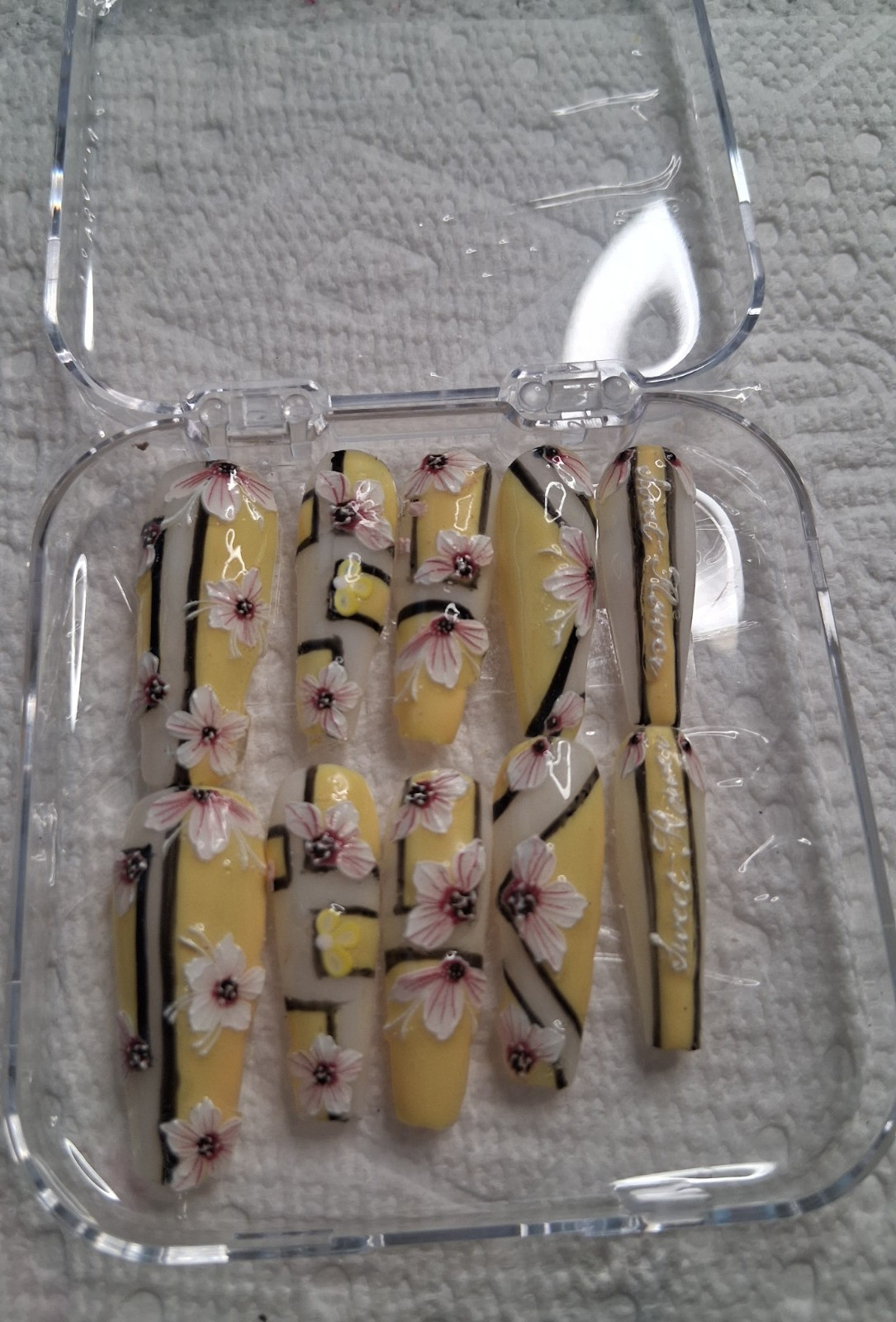 press on aftercare yellow black pink floral 3D long coffin press-on nails set g…