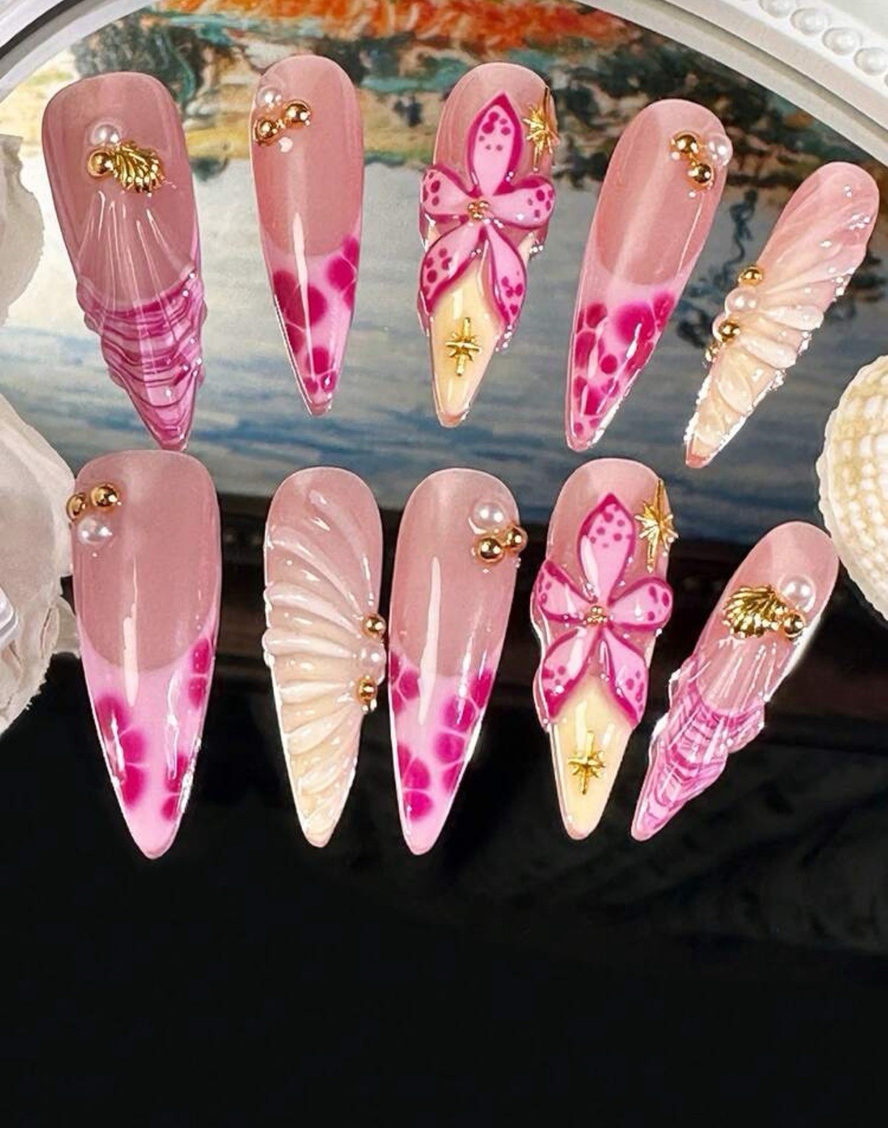 ENEN Medium Almond 3D Self-Adhesive Press-On Nails Pink White Gold Butterfly