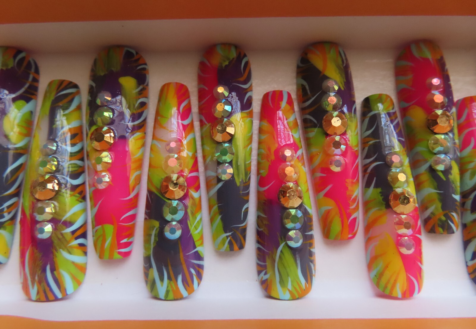XL Pink Purple Blue Orange Yellow Rhinestone Abstract Coffin Press On Nails (20)