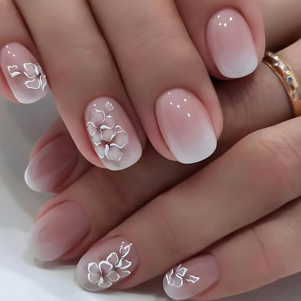 24pcs Set Short Square French Press On Nails Flower Butterfly Design Fake Nails