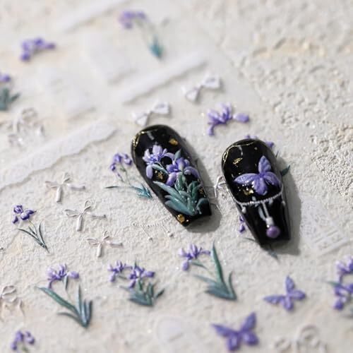 5D Embossed Purple Flower Nail Stickers White Bow Nail Art DEC5D Flower Purple