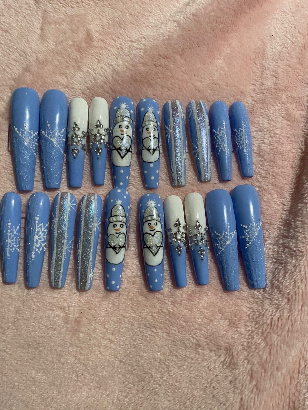 Custom acrylic Press on Nails 3XL 20 snowman snowflake sparkles gems blue silver