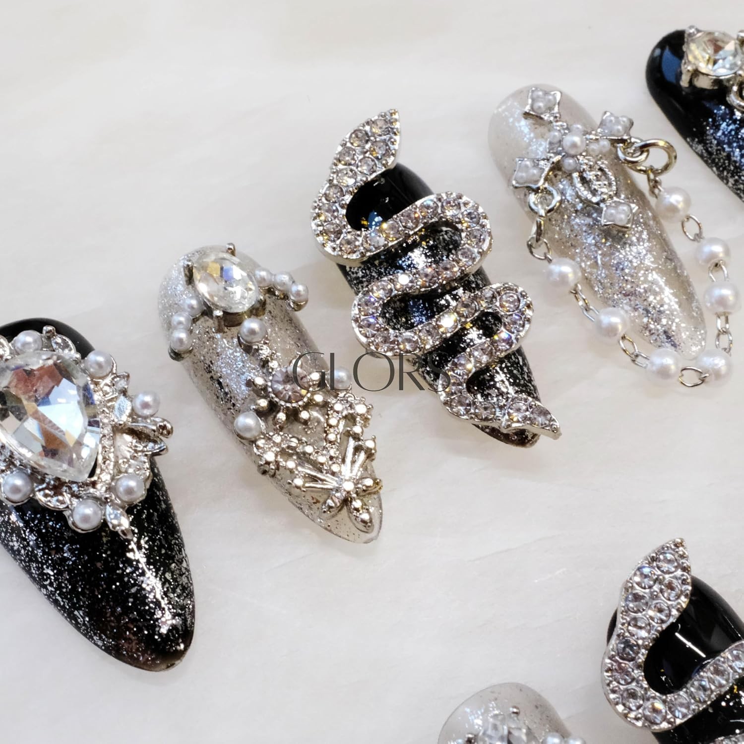 GLORS Luxury Long Almond Press-On Nails, Black/Silver Glitter, 10 Pcs