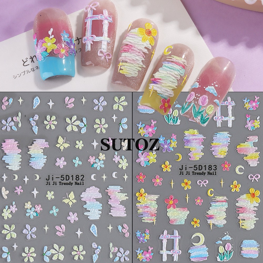 2Pcs 5D Nail Stickers Embossed Daisy Flower Bride Decal Nail Art Decoration NH29
