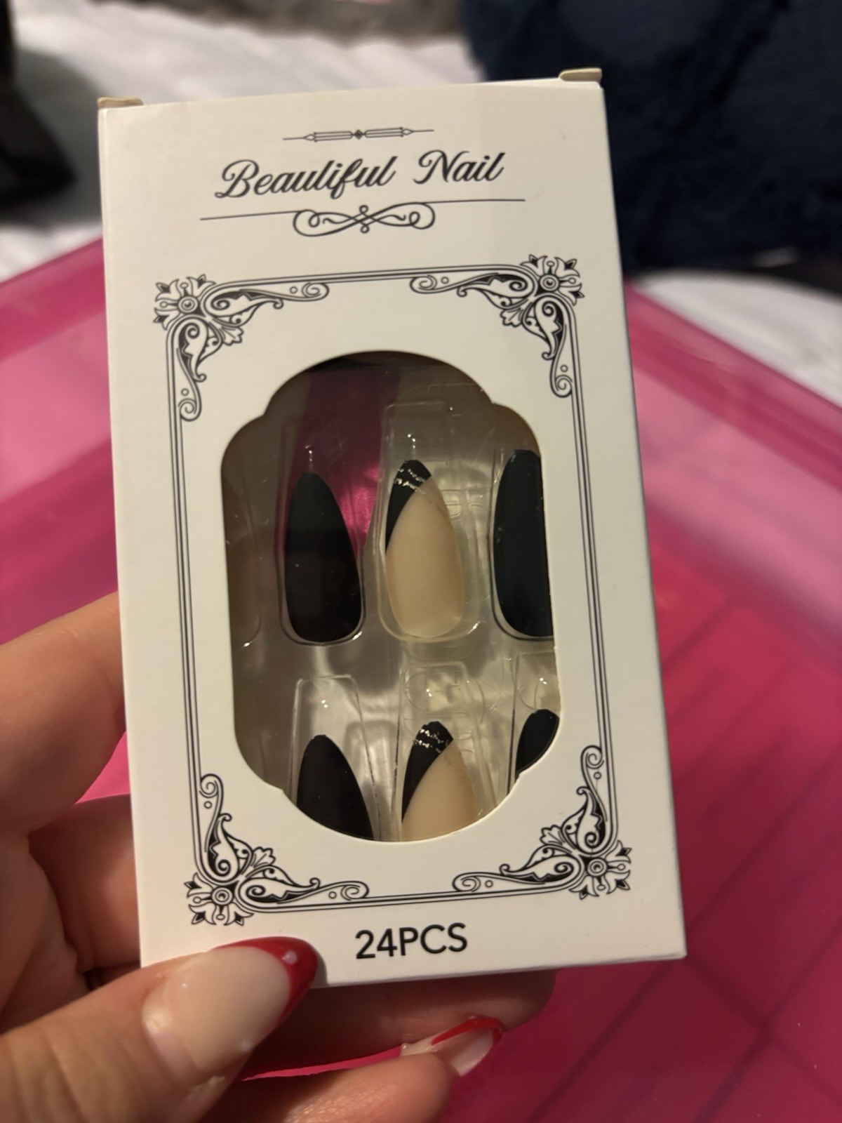 Beautiful Nail Press-On Nails-Black Beige French Almond Full Cover Pre-Designed