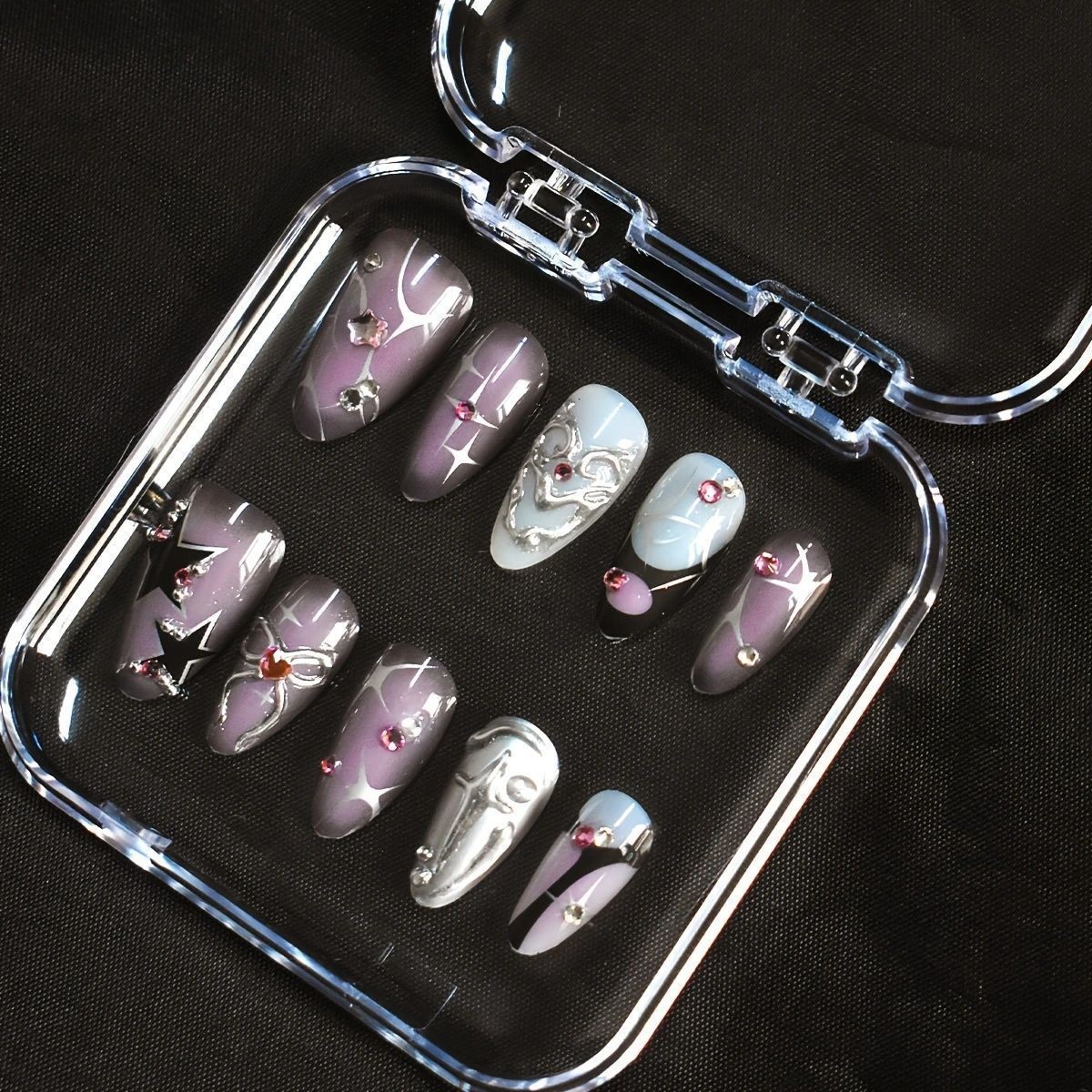 10pcs Handmade Star Bow Rhinestone Short Almond Press On Nails