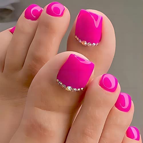 28pcs Hot Pink Short Press on Toenails Glossy Square Fake Toe Nails Art