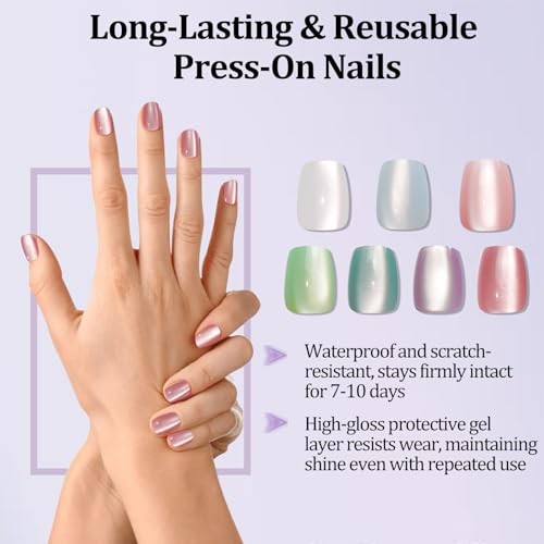 210pcs Cat Eye Press on Nails – 7 Colors Macaroon Short Square Fake Nail