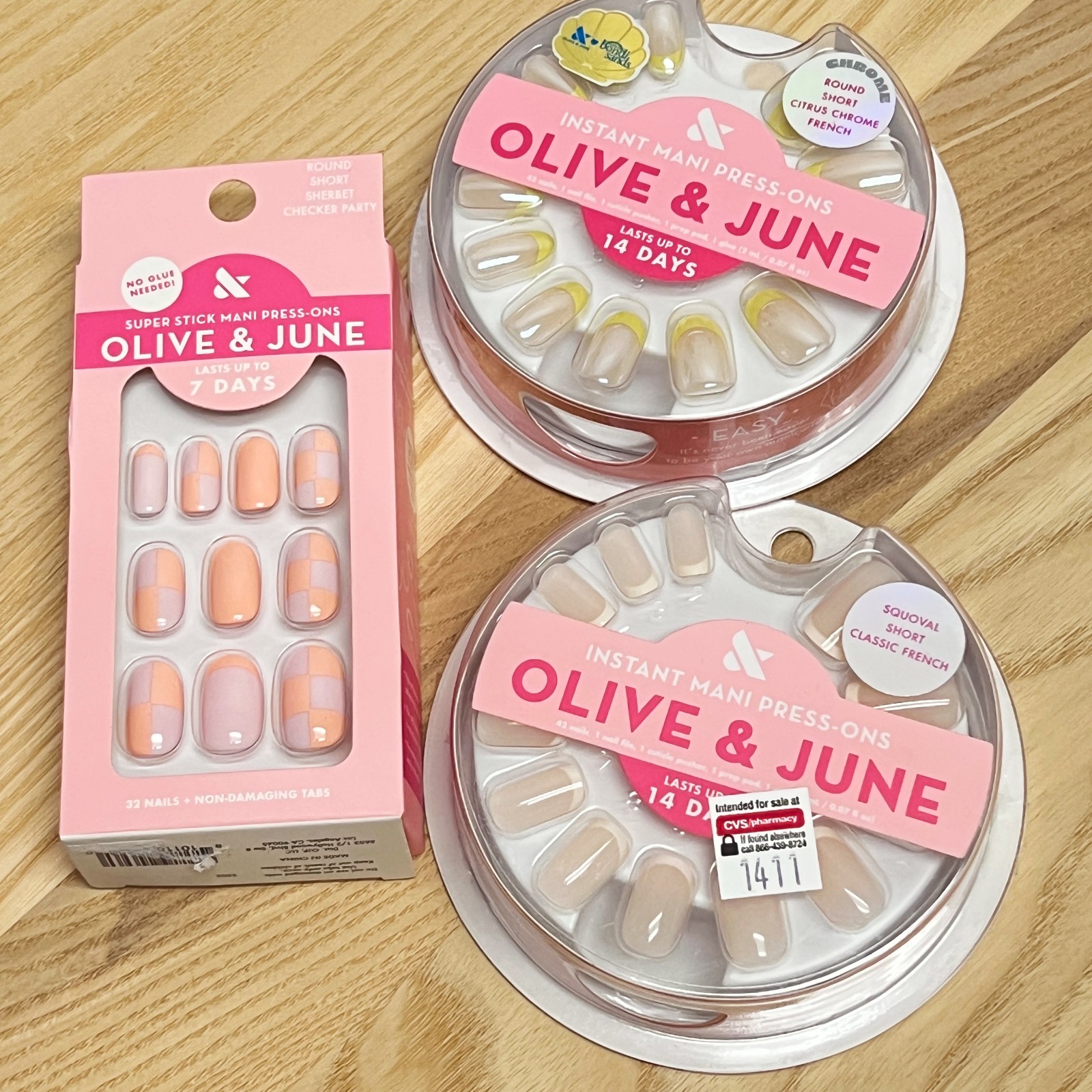 3X Olive & June Short Press-On Nails Squoval & Round NEW French Tip Checkerboard