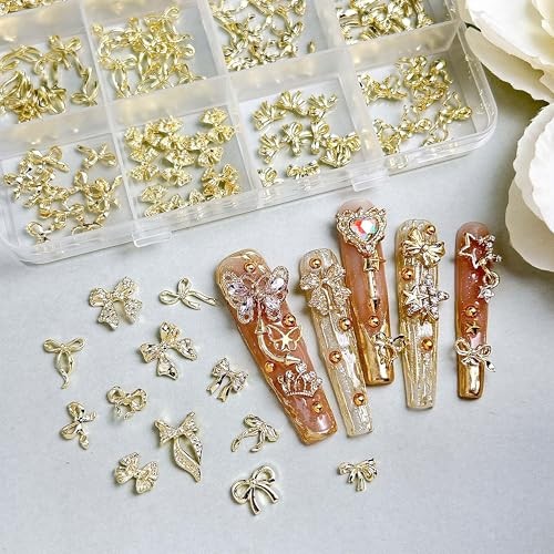 120Pcs 3D Gold Bow Nail Charms, 12 Designs Assorted 3D Metal Bow Nail Set 01