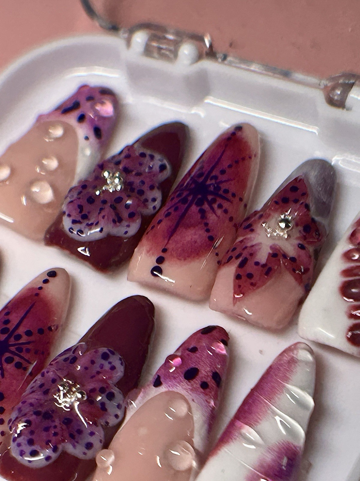 Long Almond Press-On Nails Pink Purple White 3D Flower Pre-Designed Full