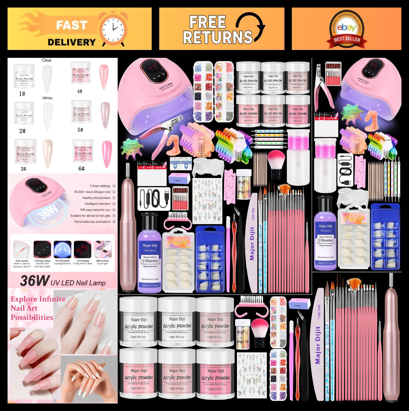 Acrylic Nail Kit for Beginners – Monomer, 6 Glitter Colors, UV Lamp & Supplies
