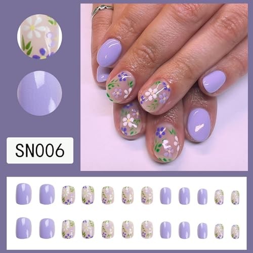 Flower Press on Nails Extra Short Purple Fake Nails Spring Floral Designs 1