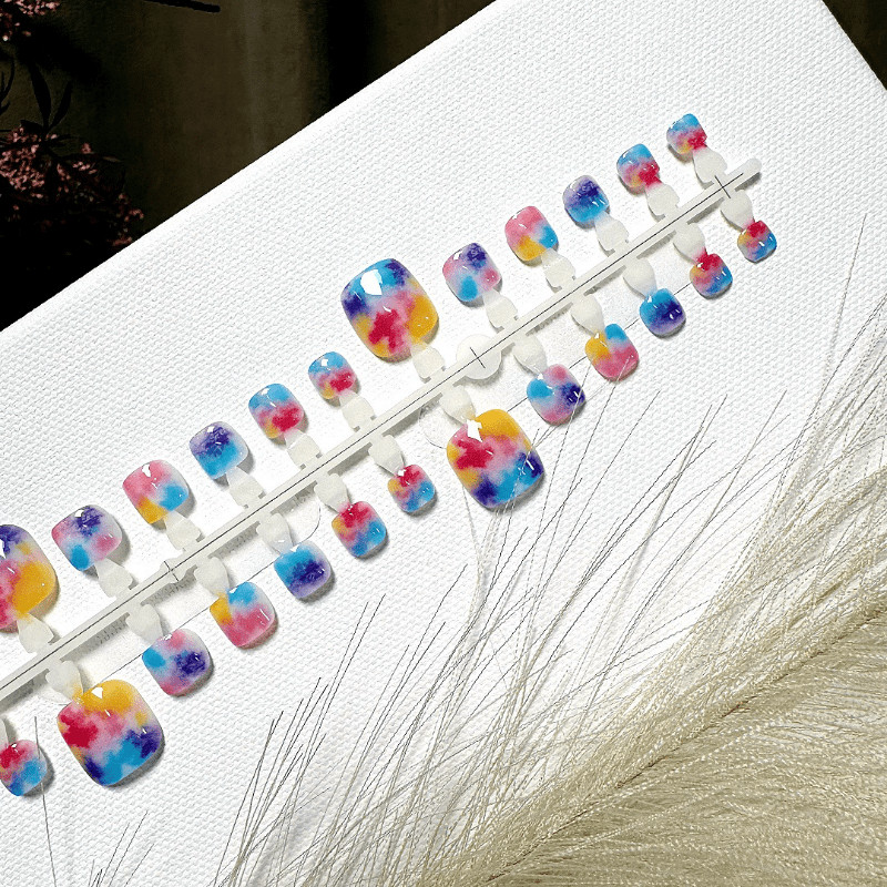 72Pcs-Short Square Rainbow Watercolor Tie Dye Toe Fake Press on Nails Set