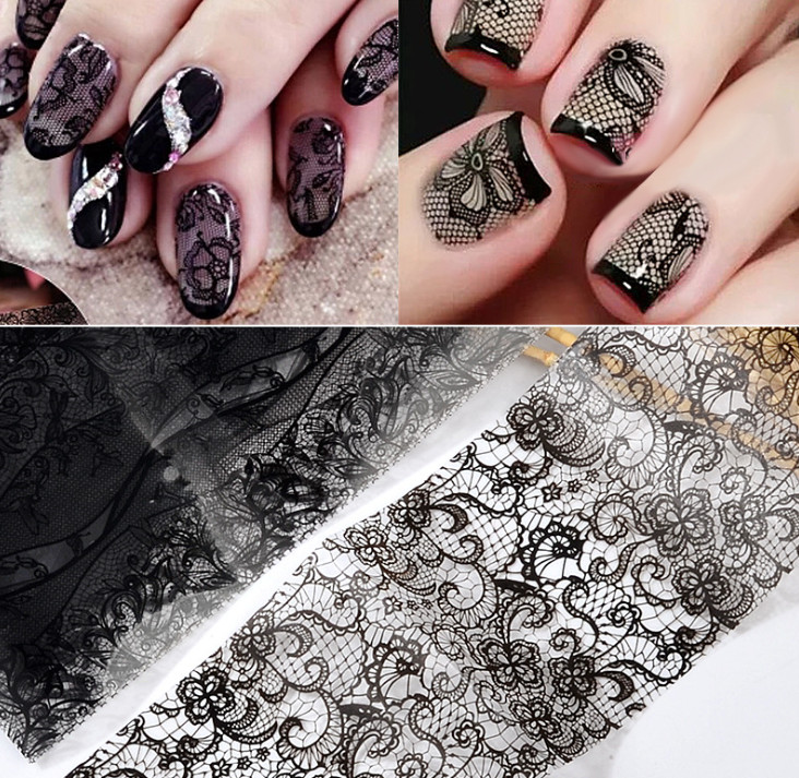 10 Sheet Black Lace Nail Art Foil Set Flower Floral Charm Nail Transfer Sticker