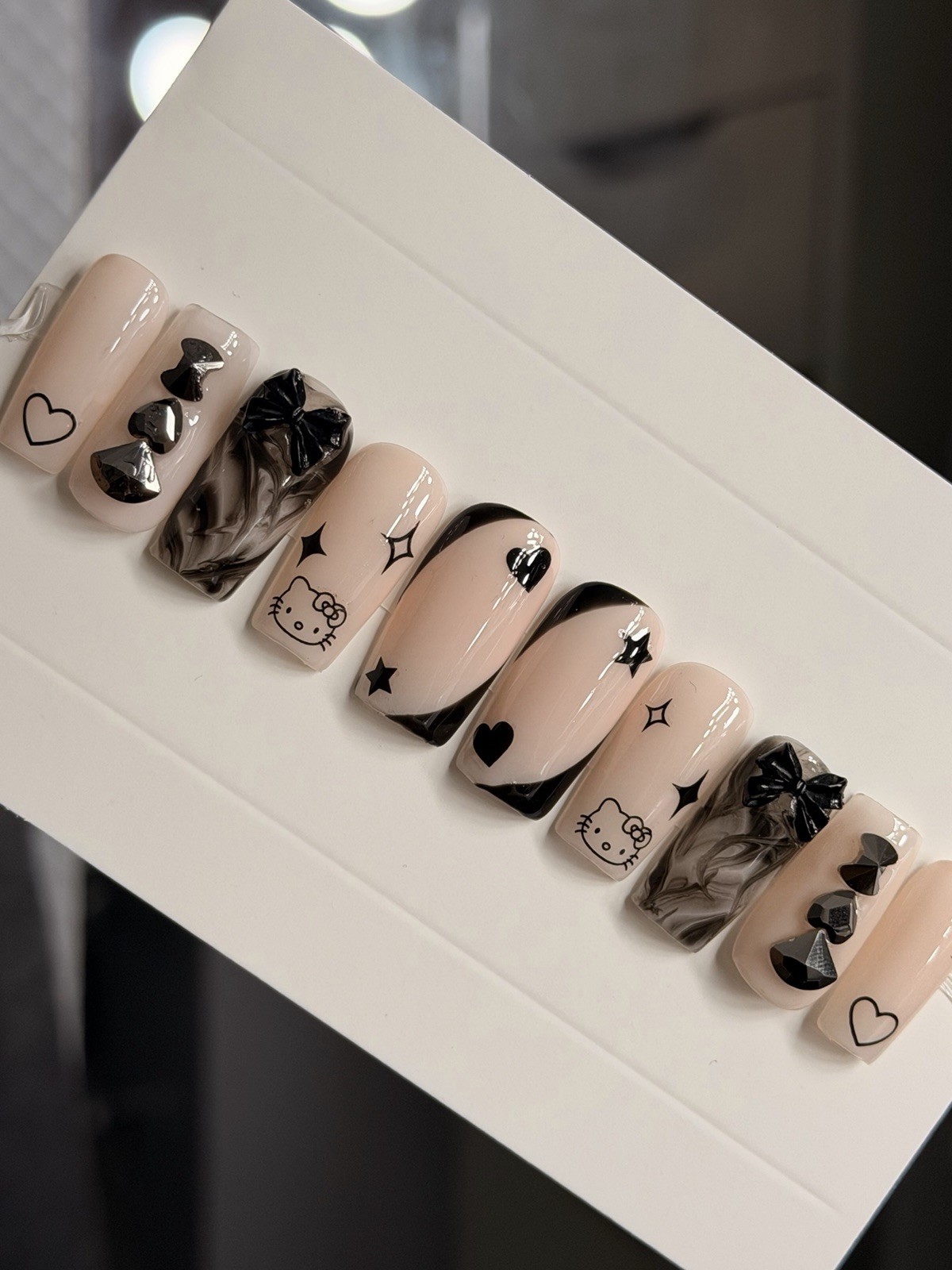 ✨ CUSTOM Press On Nails Nude BLACK HELLO KITTY BLING BOW 10p SET W Kit