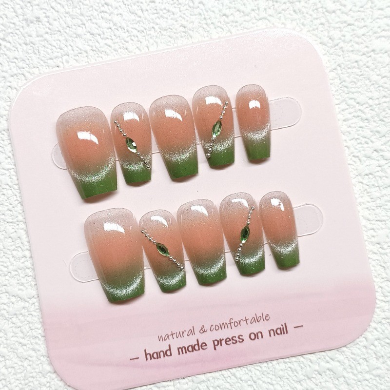 10Pcs Green Gradient Short Square Nails, Metal Chain & Crystal Cat Eye, Press